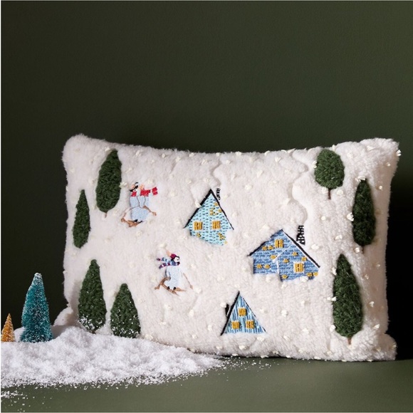 RARE Anthropologie Snow Day Pillow - Embroidered Ski Snow - Picture 1 of 6